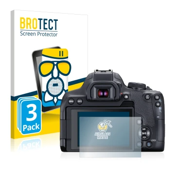 Face avant d’un emballage produit avec le logo de la marque BROTECT. À côté, l’appareil Canon EOS 850D est représenté avec la 