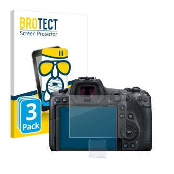 Face avant d’un emballage produit avec le logo de la marque BROTECT. À côté, l’appareil Canon EOS R5 est représenté avec la pr
