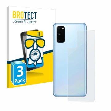 Face avant d’un emballage produit avec le logo de la marque BROTECT. À côté, l’appareil Samsung Galaxy S20 5G (Arrière) est re