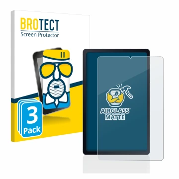 Face avant d’un emballage produit avec le logo de la marque BROTECT. À côté, l’appareil Samsung Galaxy Tab S6 Lite LTE 2020 es
