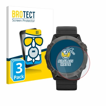 Face avant d’un emballage produit avec le logo de la marque BROTECT. À côté, l’appareil Garmin Fenix 6X Pro Solar est représen