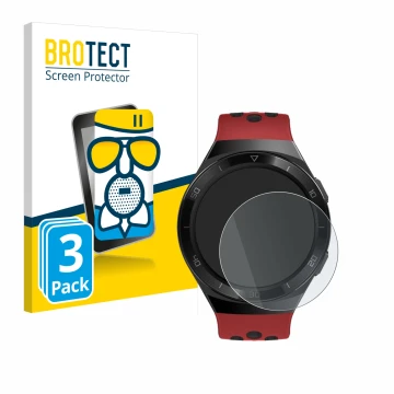 Face avant d’un emballage produit avec le logo de la marque BROTECT. À côté, l’appareil Huawei Watch GT 2e est représenté avec