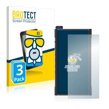 Face avant d’un emballage produit avec le logo de la marque BROTECT. À côté, l’appareil FiiO M15 est représenté avec la protec