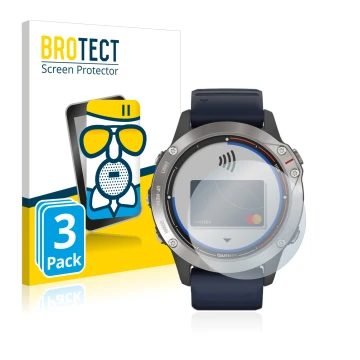 Face avant d’un emballage produit avec le logo de la marque BROTECT. À côté, l’appareil Garmin quatix 6 est représenté avec la