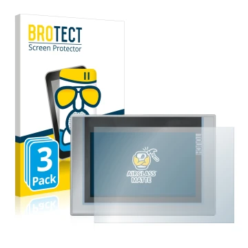 Face avant d’un emballage produit avec le logo de la marque BROTECT. À côté, l’appareil Siemens Simatic TP1200 Comfort est rep