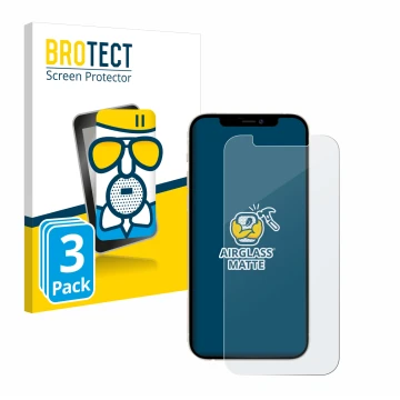 Face avant d’un emballage produit avec le logo de la marque BROTECT. À côté, l’appareil Apple iPhone 12 est représenté avec la