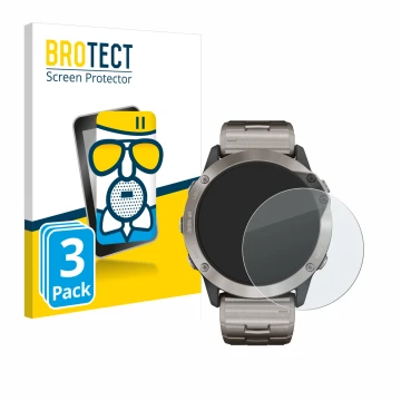 Face avant d’un emballage produit avec le logo de la marque BROTECT. À côté, l’appareil Garmin quatix 6x Solar est représenté 