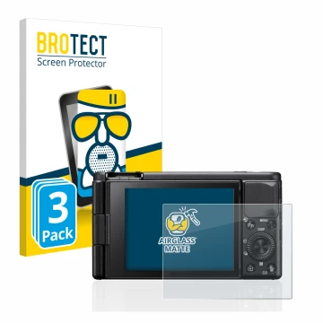 Face avant d’un emballage produit avec le logo de la marque BROTECT. À côté, l’appareil Sony ZV-1 est représenté avec la prote