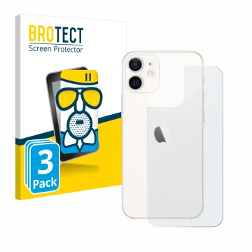 Face avant d’un emballage produit avec le logo de la marque BROTECT. À côté, l’appareil Apple iPhone 12 mini (Arrière) est rep
