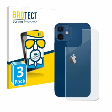 Face avant d’un emballage produit avec le logo de la marque BROTECT. À côté, l’appareil Apple iPhone 12 (Arrière) est représen