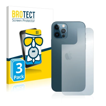 Face avant d’un emballage produit avec le logo de la marque BROTECT. À côté, l’appareil Apple iPhone 12 Pro (Arrière) est repr
