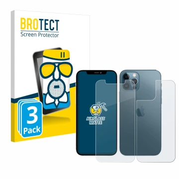 Face avant d’un emballage produit avec le logo de la marque BROTECT. À côté, l’appareil Apple iPhone 12 Pro (Avant+Arrière) es