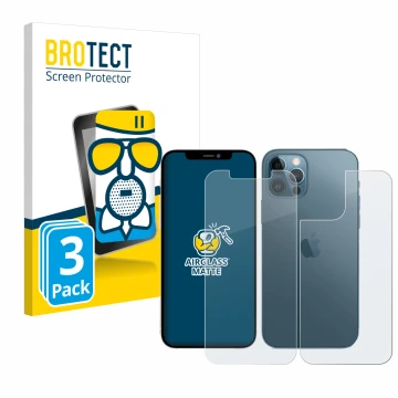 Face avant d’un emballage produit avec le logo de la marque BROTECT. À côté, l’appareil Apple iPhone 12 Pro Max (Avant+Arrière