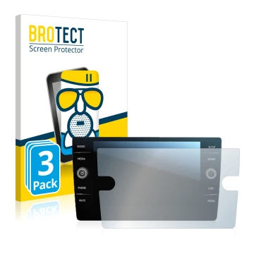 Face avant d’un emballage produit avec le logo de la marque BROTECT. À côté, l’appareil Volkswagen Tiguan Discover Media 8