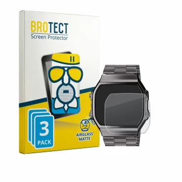 Face avant d’un emballage produit avec le logo de la marque BROTECT. À côté, l’appareil Casio A168WEGG-1BEF est représenté ave