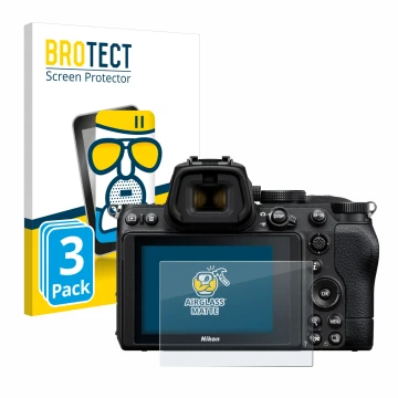 Face avant d’un emballage produit avec le logo de la marque BROTECT. À côté, l’appareil Nikon Z 5 est représenté avec la prote