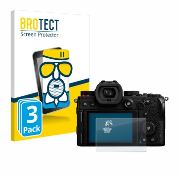 Face avant d’un emballage produit avec le logo de la marque BROTECT. À côté, l’appareil Panasonic Lumix DC-S5 est représenté a