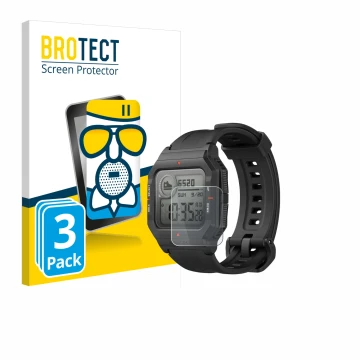 Face avant d’un emballage produit avec le logo de la marque BROTECT. À côté, l’appareil Huami Amazfit Neo est représenté avec 