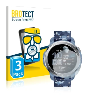 Face avant d’un emballage produit avec le logo de la marque BROTECT. À côté, l’appareil Honor Watch GS Pro est représenté avec