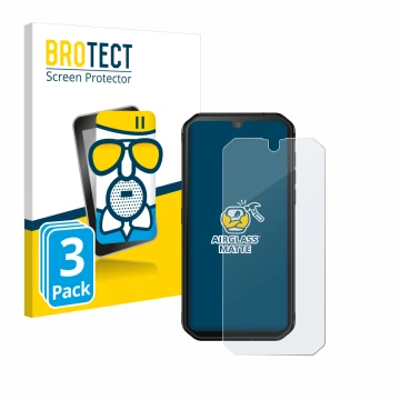 Face avant d’un emballage produit avec le logo de la marque BROTECT. À côté, l’appareil Blackview BV9900E est représenté avec 