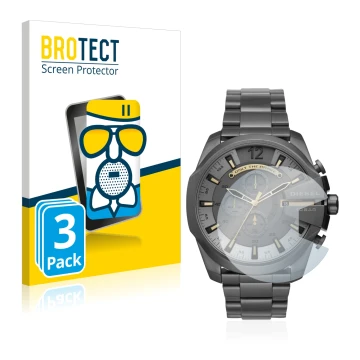 Face avant d’un emballage produit avec le logo de la marque BROTECT. À côté, l’appareil Diesel Chronograph DZ4466 est représen