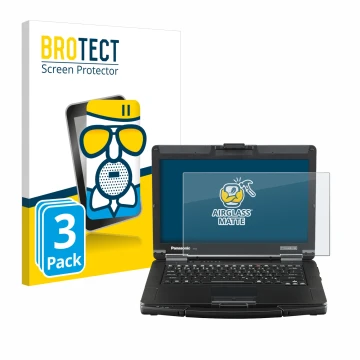 Face avant d’un emballage produit avec le logo de la marque BROTECT. À côté, l’appareil Panasonic Toughbook FZ-55 Full HD est 