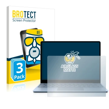 Face avant d’un emballage produit avec le logo de la marque BROTECT. À côté, l’appareil Microsoft Surface Laptop Go est représ