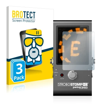 Face avant d’un emballage produit avec le logo de la marque BROTECT. À côté, l’appareil Peterson Strobostomp HD est représenté