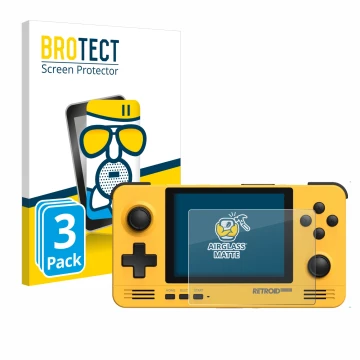 Face avant d’un emballage produit avec le logo de la marque BROTECT. À côté, l’appareil Retroid Pocket 2 est représenté avec l