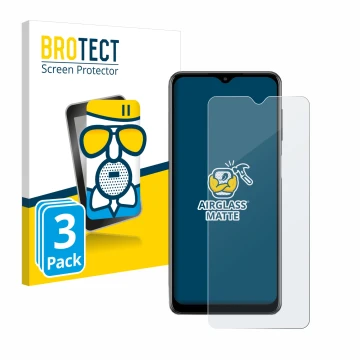 Face avant d’un emballage produit avec le logo de la marque BROTECT. À côté, l’appareil Samsung Galaxy M12 est représenté avec