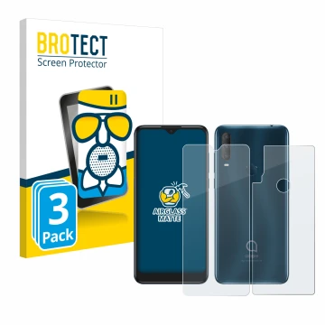 Face avant d’un emballage produit avec le logo de la marque BROTECT. À côté, l’appareil Alcatel 1S 2020 (Avant+Arrière) est re