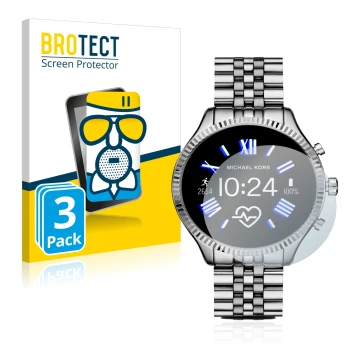 Face avant d’un emballage produit avec le logo de la marque BROTECT. À côté, l’appareil Michael Kors Access Gen 5 Lexington es