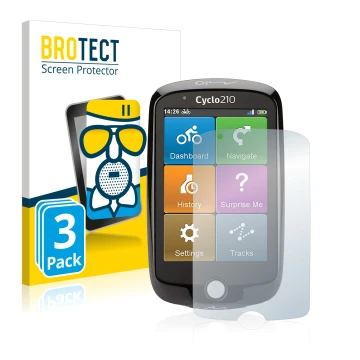 Face avant d’un emballage produit avec le logo de la marque BROTECT. À côté, l’appareil Mio Cyclo 210 est représenté avec la p