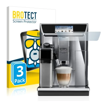 Face avant d’un emballage produit avec le logo de la marque BROTECT. À côté, l’appareil DeLonghi PrimaDonna Elite Experience E