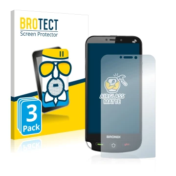 Face avant d’un emballage produit avec le logo de la marque BROTECT. À côté, l’appareil Brondi Amico Dual Sim est représenté a