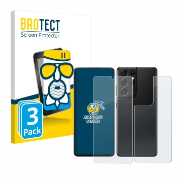 Face avant d’un emballage produit avec le logo de la marque BROTECT. À côté, l’appareil Samsung Galaxy S21 Ultra 5G (Avant+Arr