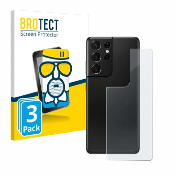 Face avant d’un emballage produit avec le logo de la marque BROTECT. À côté, l’appareil Samsung Galaxy S21 Ultra 5G (Arrière) 