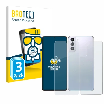 Face avant d’un emballage produit avec le logo de la marque BROTECT. À côté, l’appareil Samsung Galaxy S21 Plus 5G (Avant+Arri