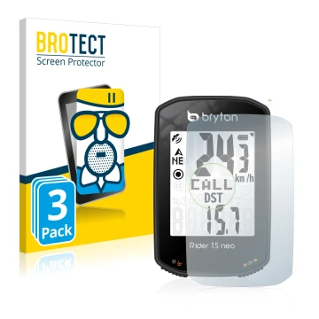 Face avant d’un emballage produit avec le logo de la marque BROTECT. À côté, l’appareil Bryton Rider 15 neo est représenté ave