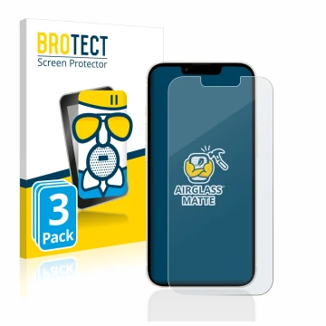 Face avant d’un emballage produit avec le logo de la marque BROTECT. À côté, l’appareil Apple iPhone 13 est représenté avec la