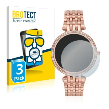 Face avant d’un emballage produit avec le logo de la marque BROTECT. À côté, l’appareil Michael Kors Access Darci Gen 5E est r
