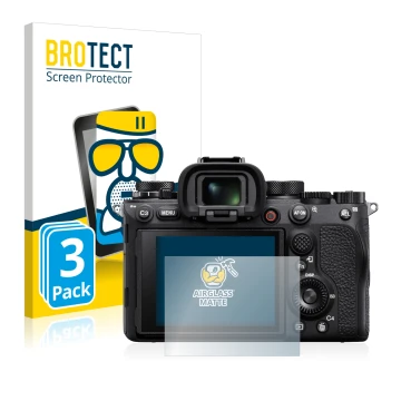 Face avant d’un emballage produit avec le logo de la marque BROTECT. À côté, l’appareil Sony Alpha 1 est représenté avec la pr