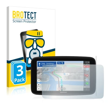 Face avant d’un emballage produit avec le logo de la marque BROTECT. À côté, l’appareil TomTom GO Discover 6
