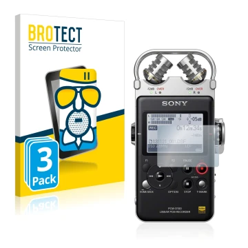 Face avant d’un emballage produit avec le logo de la marque BROTECT. À côté, l’appareil Sony PCM D100 est représenté avec la p