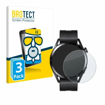 Face avant d’un emballage produit avec le logo de la marque BROTECT. À côté, l’appareil Huawei Watch GT 3 (46 mm) est représen