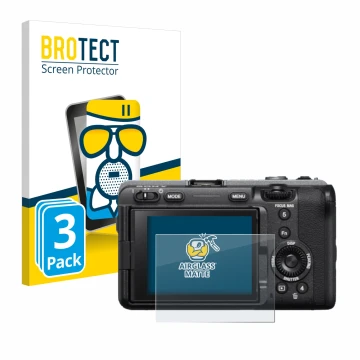 Face avant d’un emballage produit avec le logo de la marque BROTECT. À côté, l’appareil Sony FX3 est représenté avec la protec