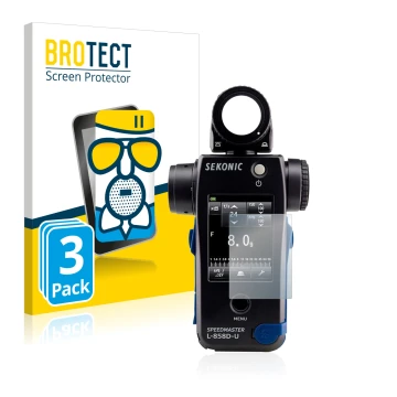 Face avant d’un emballage produit avec le logo de la marque BROTECT. À côté, l’appareil Sekonic L858D est représenté avec la p