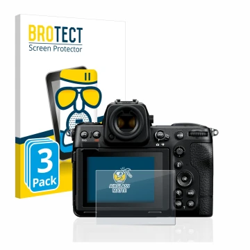 Face avant d’un emballage produit avec le logo de la marque BROTECT. À côté, l’appareil Nikon Z 8 est représenté avec la prote