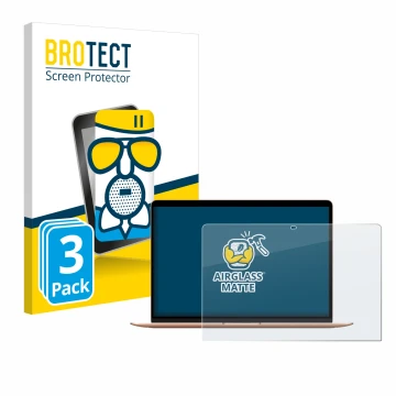 Face avant d’un emballage produit avec le logo de la marque BROTECT. À côté, l’appareil Apple MacBook Air M1 2020 est représen