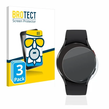 Face avant d’un emballage produit avec le logo de la marque BROTECT. À côté, l’appareil Samsung Galaxy Watch 4 (40mm) est repr